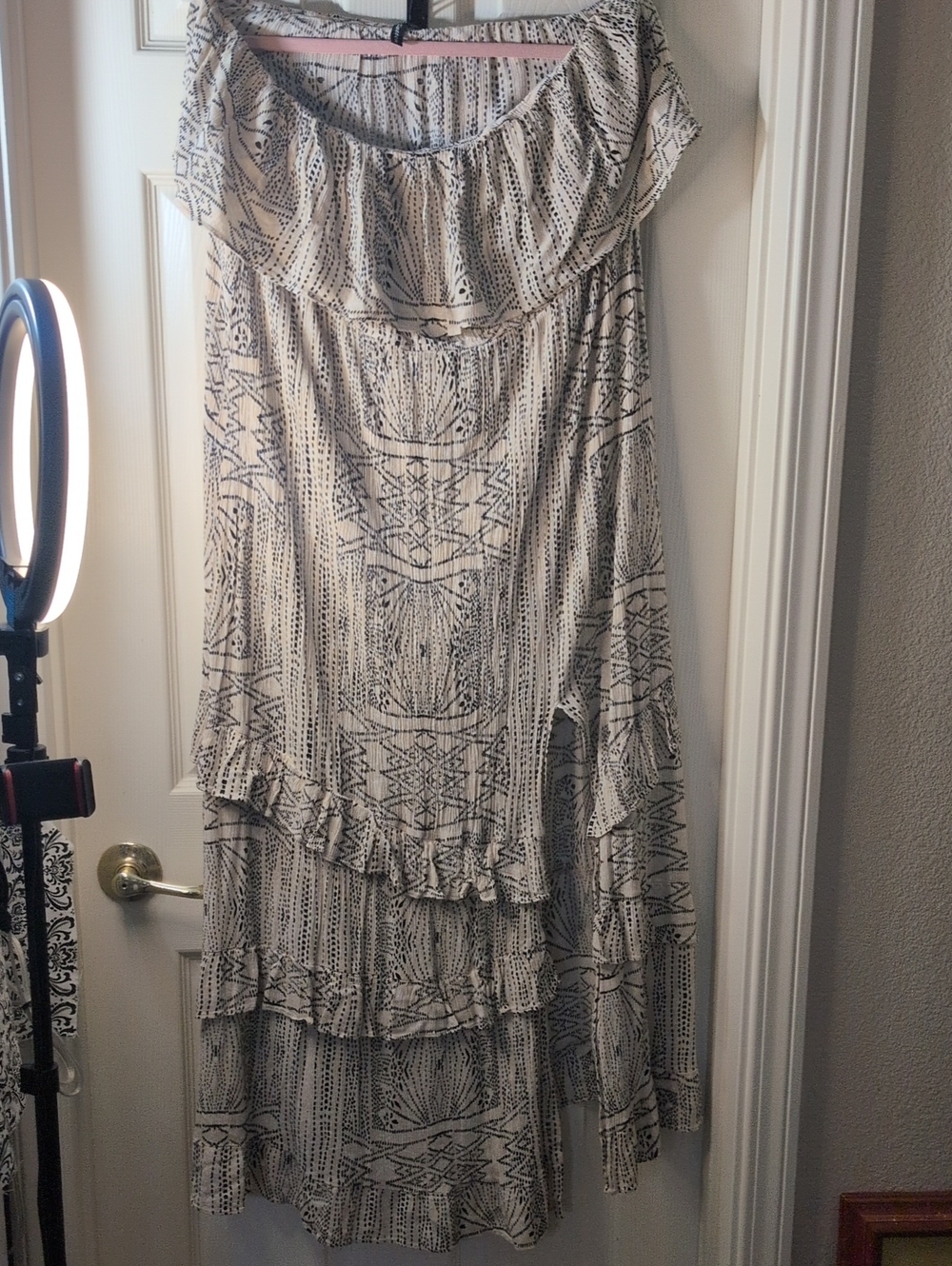 Bohemian Tiered Ruffle Maxi Dress in Cream and Black, Size XXL